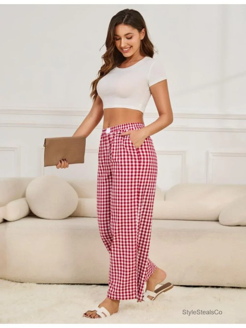 Striped Gingham Wide Leg Pajama Pants with Pockets